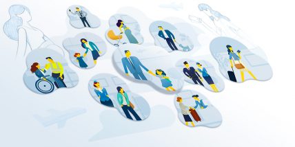 illustrazioni di passeggeri e clienti dell'aeroporto di Bologna