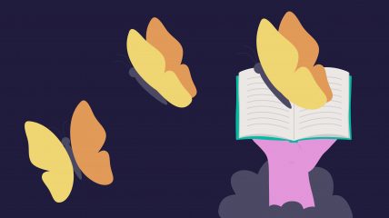 Alcune farfalle volano mentre una mano solleva un libro