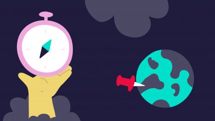 Illustrazione di una mano che regge una bussola e di un mappamondo con una segnaposto
