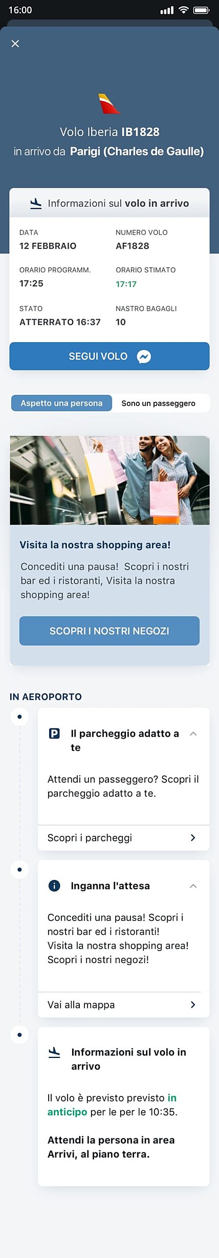 Schermata mobile della applicazione
