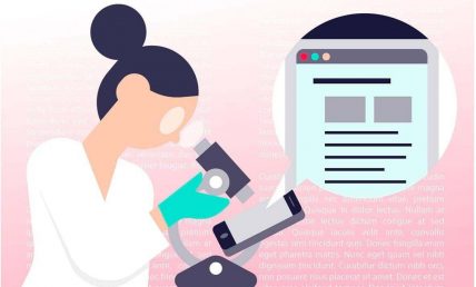 Illustrazione di una persona che legge alcuni dati su un foglio utilizzando un microscopio