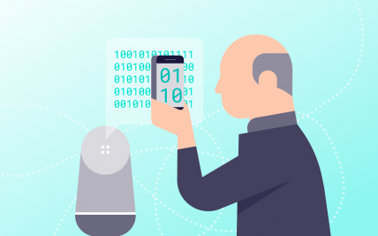 Illustrazione di un anziona che usa un mobile vicino ad uno smart home object