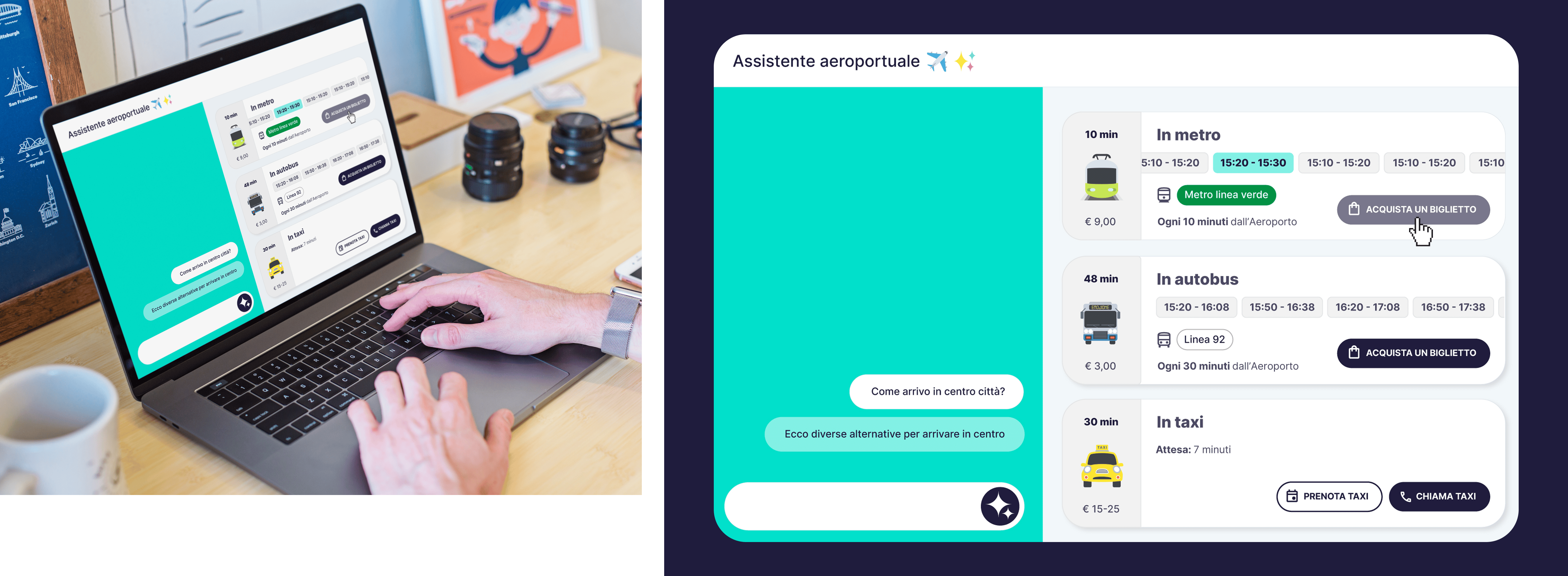 Persona al computer interagisce con un assistente aeroportuale AI che suggerisce percorsi per raggiungere il centro città in metro, bus o taxi.