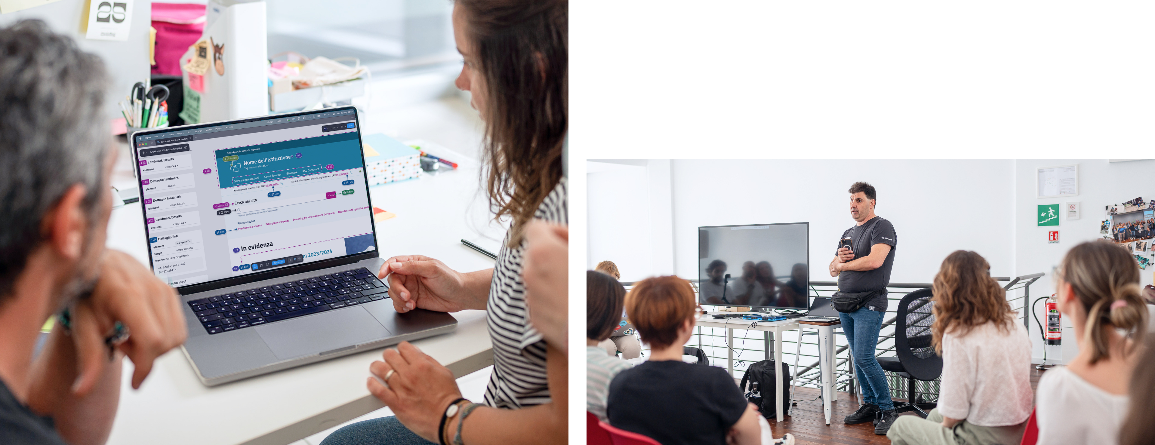 Due persone osservano un prototipo su laptop; a fianco un formatore parla a un gruppo.