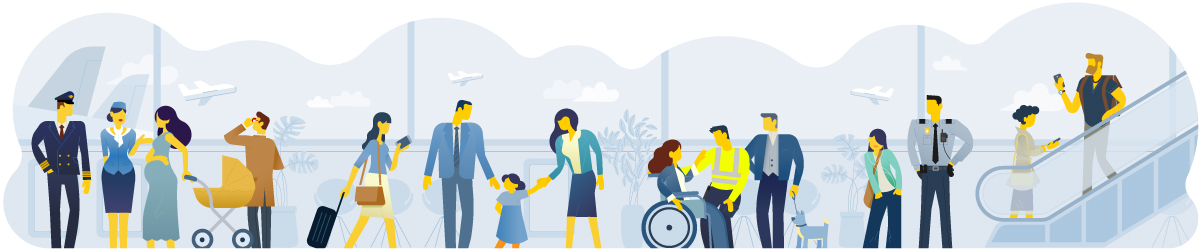 Il set di personaggi per le illustrazioni dell'aeroporto di Bologna