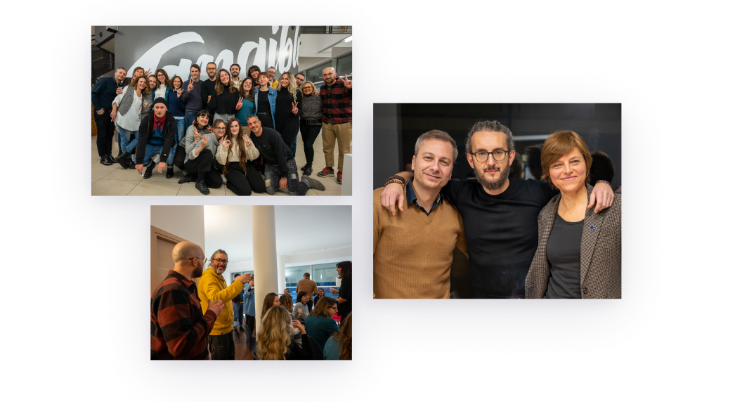 Collage di foto che ritraggono momenti di festeggiamenti in Tangible tra colleghi e colleghe.