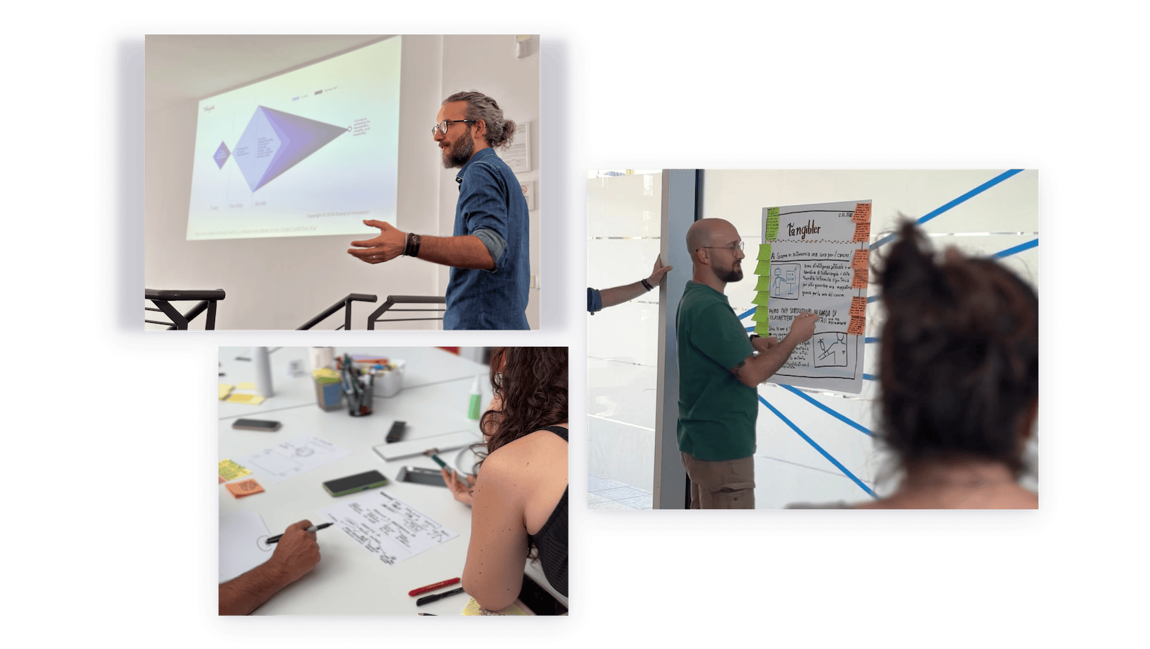 Momenti del retreat Tangible: presentazioni, esercizi di gruppo e workshop collaborativi.