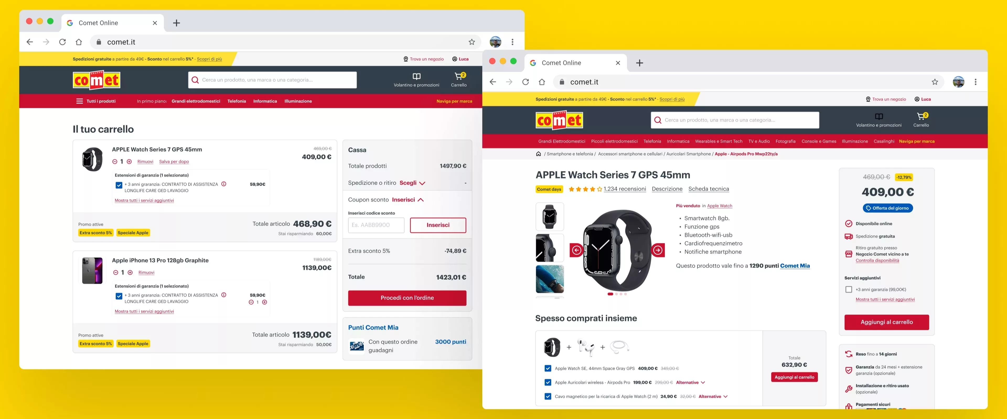 Due pagine esemplificative del funnel di acquisto, ossia pagina Carrello e pagina di dettaglio prodotto