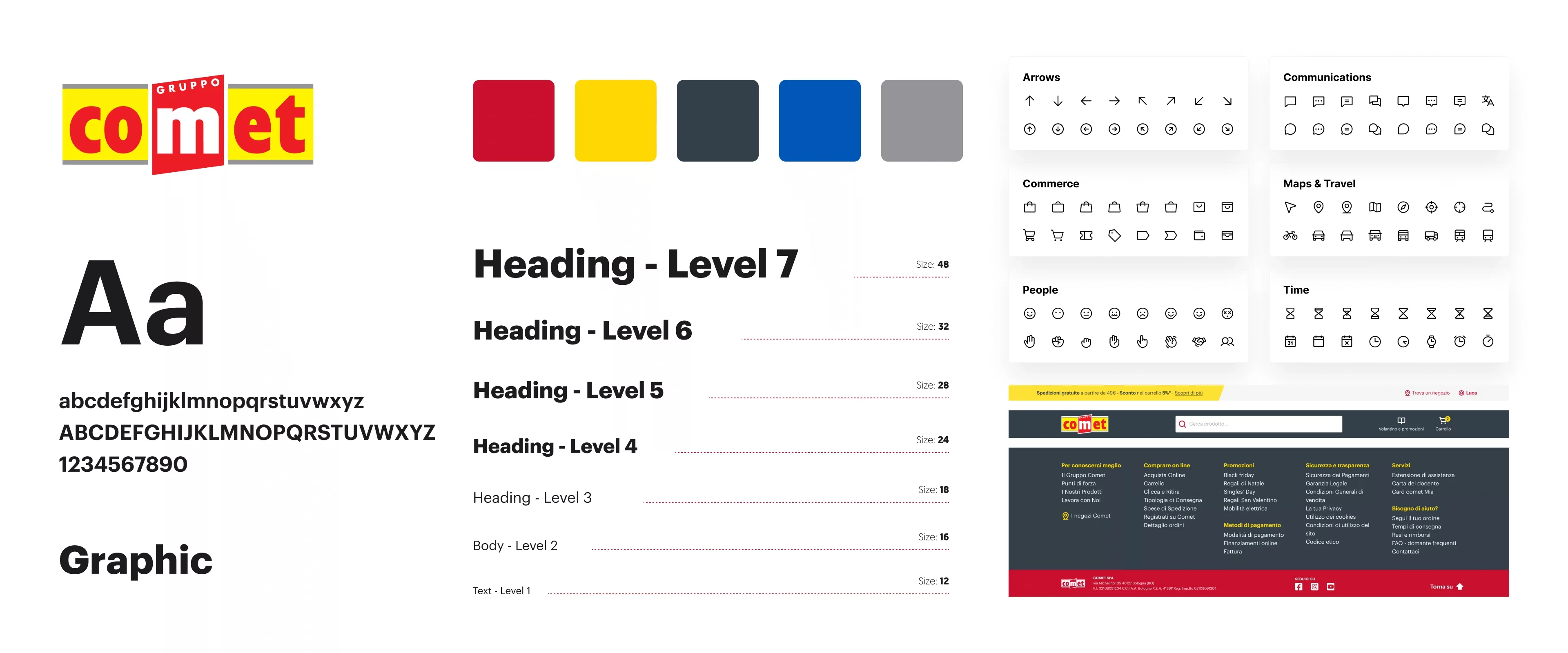 Componenti dal design system creato per Comet come palette colori, logo, tipografia e altro