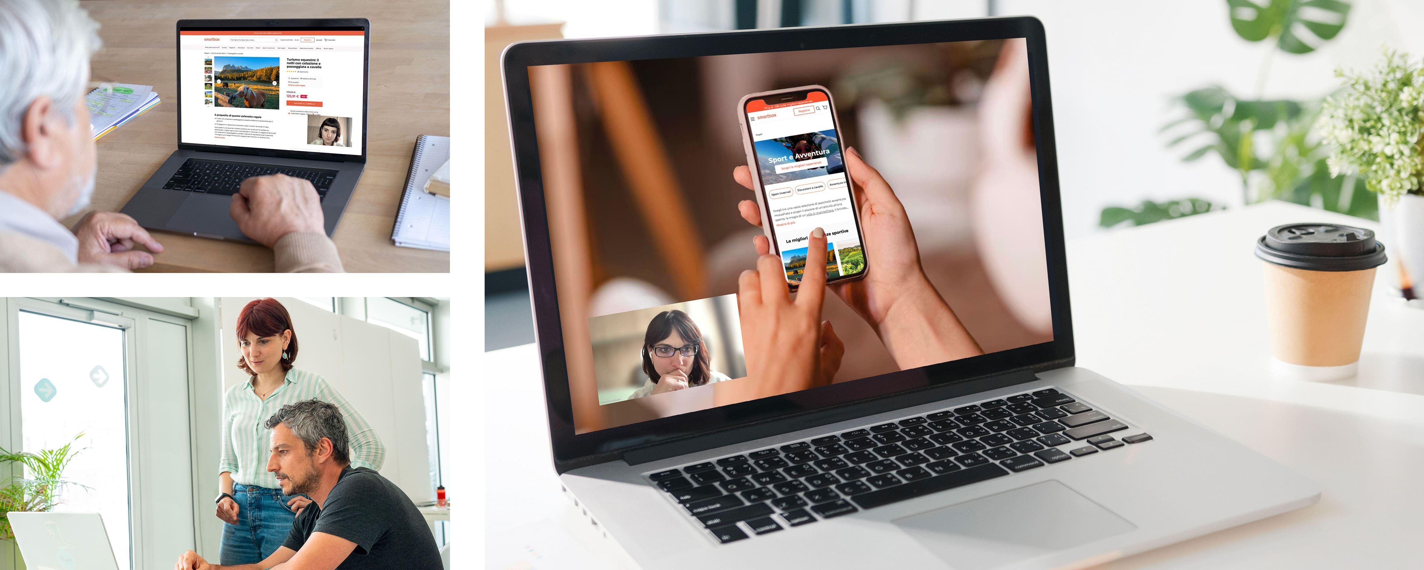 Collage di immagini che mostrano fasi diverse dell'attività di test e analisi fatta sul sito web e sull'App mobile di Smartbox.