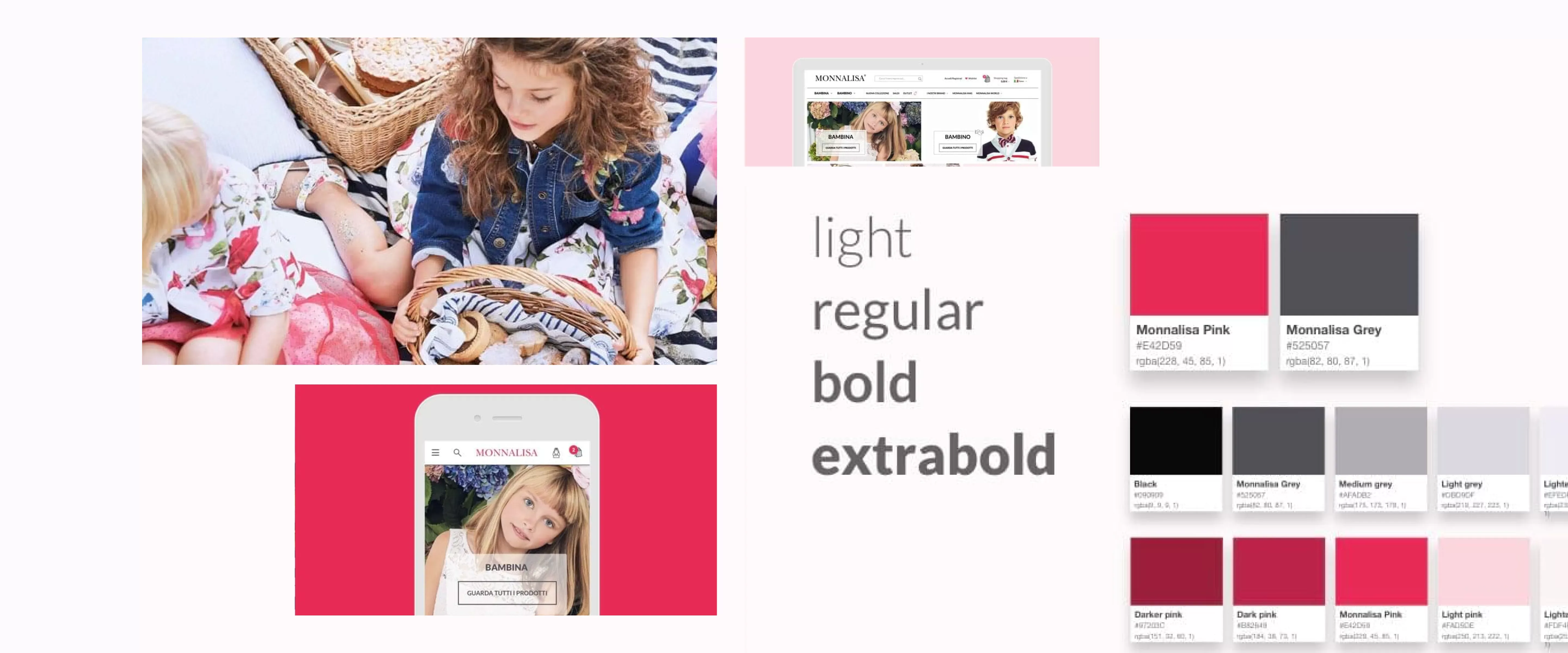 Porzioni dalla styleguide come colori, fotografie e font
