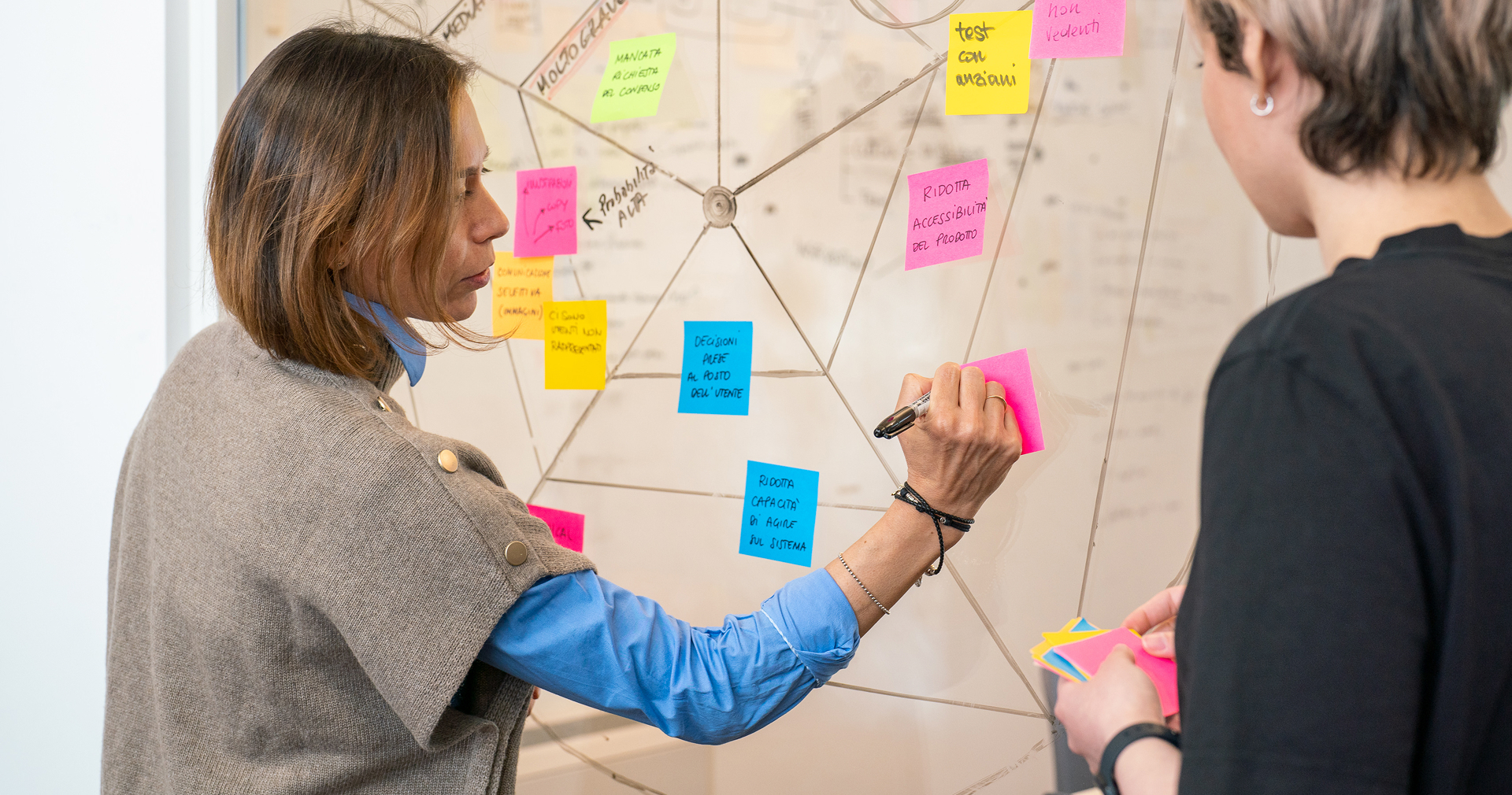 Due persone scrivono su post-it colorati durante una sessione di co-progettazione UX.