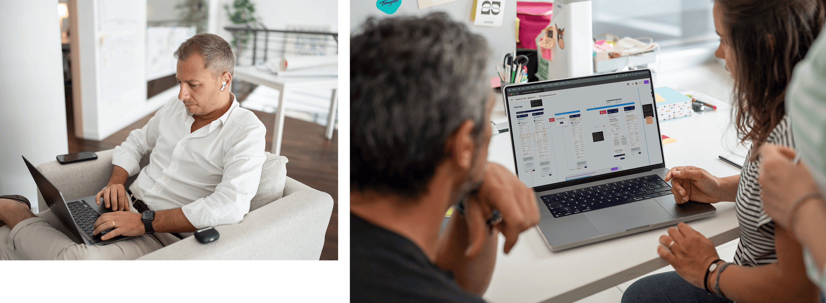 Momenti di lavoro del team, con designer Tangible al lavoro su un prototipo in Figma.