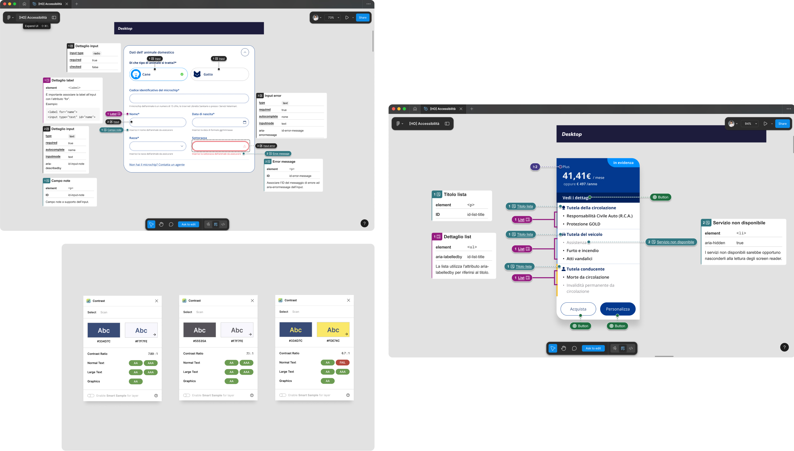 Tavola di lavoro in Figma con flussi, componenti e verifiche di accessibilità progettate per Vittoria Digital.