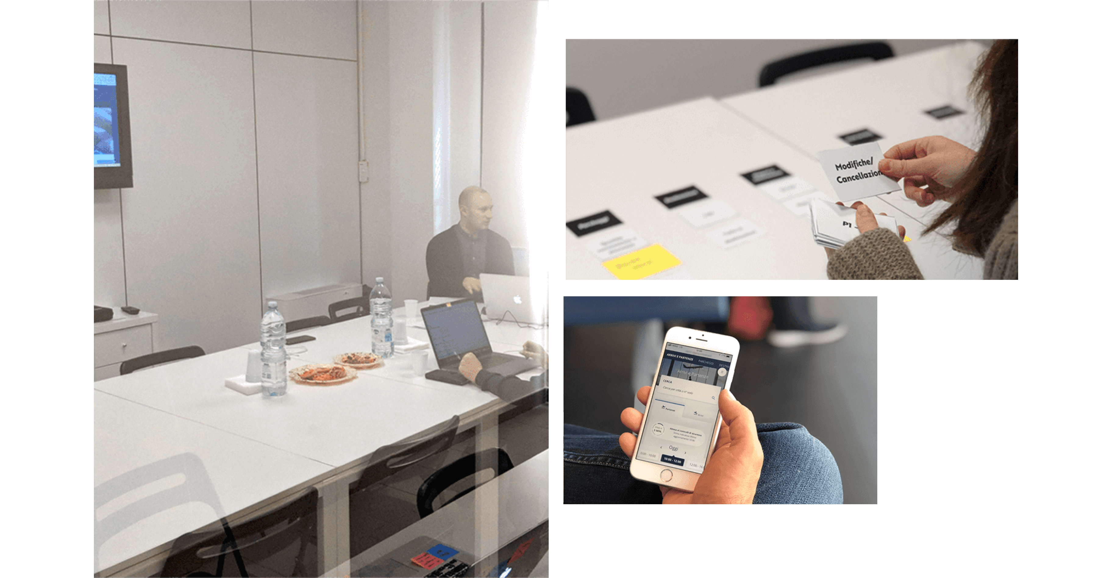 Mano che tocca lo schermo di uno smartphone con l'app di aeroporto e due foto su sessioni di test con utenti